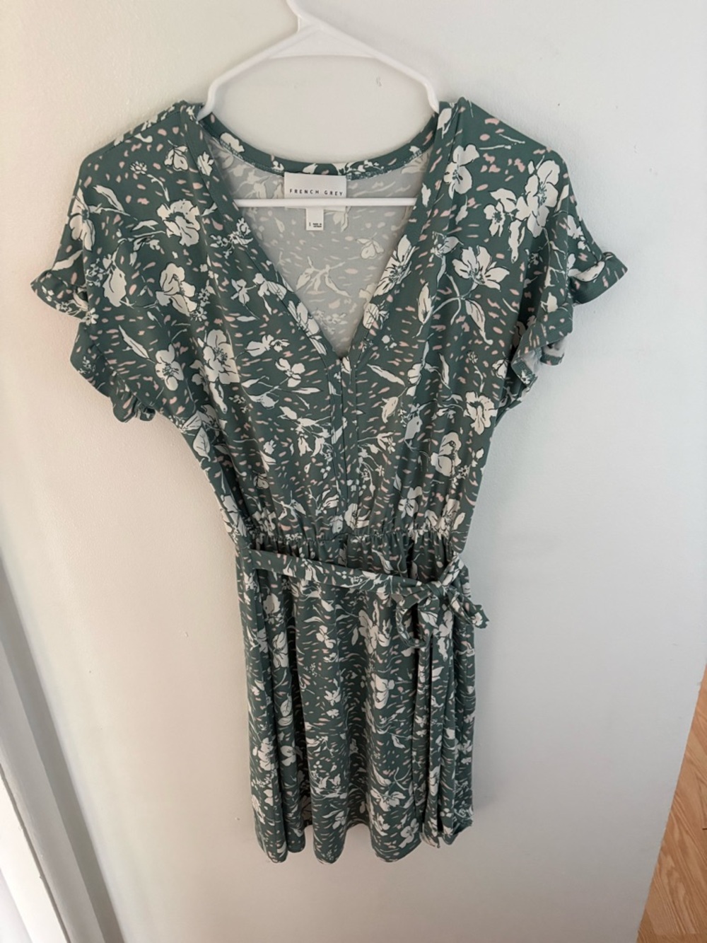 French Grey Sage Green Floral Mini Dress
